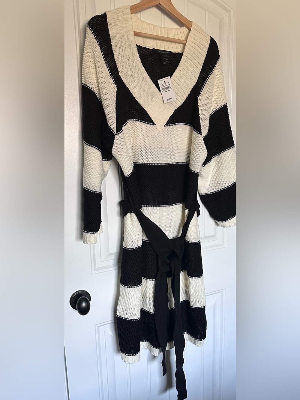 Ashley Stewart Striped Sweater Dress Belted V Neck